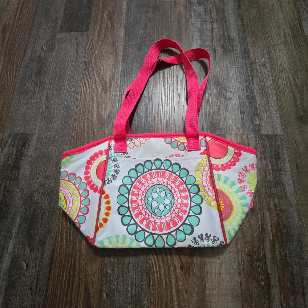 Thirty-One Thermal Tote Lunch Bag Pink Floral Medallion Insulated Zippered Tote